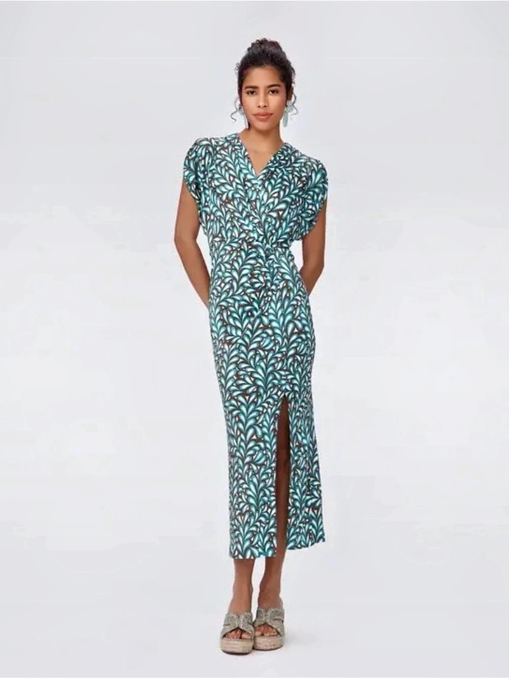 Diane Von Furstenberg Teal Printed Midi Wrap Dress